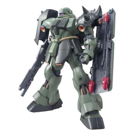Front view of the Bandai MG 1/100 Geara Doga model kit in olive green armor with a spiked shoulder and beam rifle.