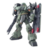 Front view of the Bandai MG 1/100 Geara Doga model kit in olive green armor with a spiked shoulder and beam rifle.