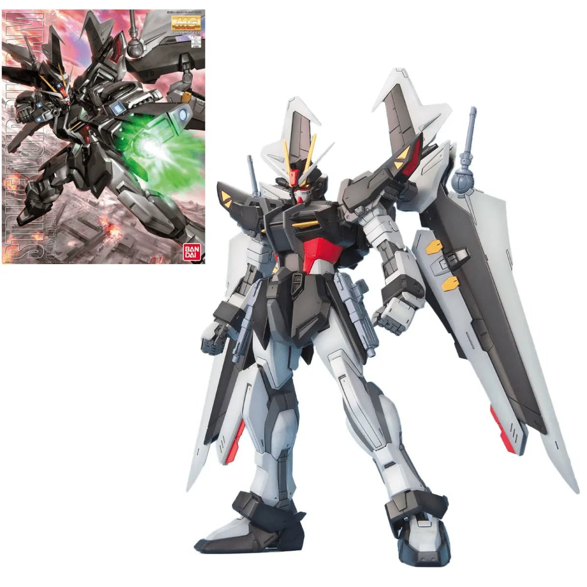 Bandai MG 1/100 Strike Noir Gundam model kit featuring a black, white, and red mobile suit with large wing-like back units.