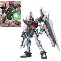 Bandai MG 1/100 Strike Noir Gundam model kit featuring a black, white, and red mobile suit with large wing-like back units.