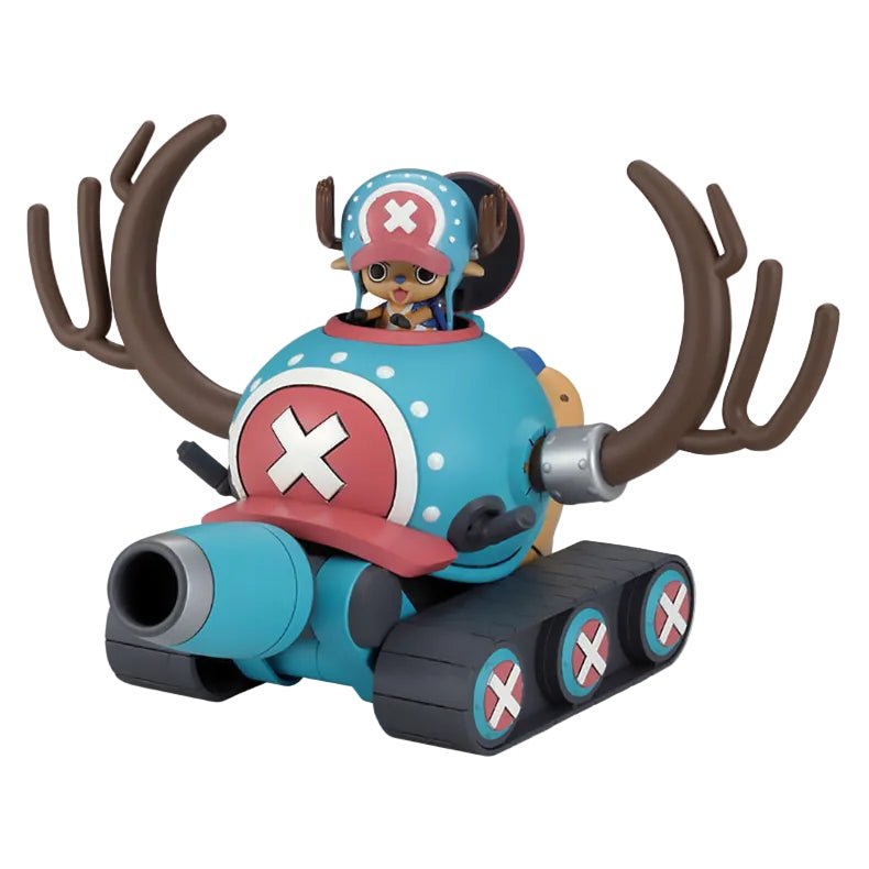 Bandai Chopper Robo Tank model kit featuring a blue tank with large brown antlers and a pilot Chopper figure.