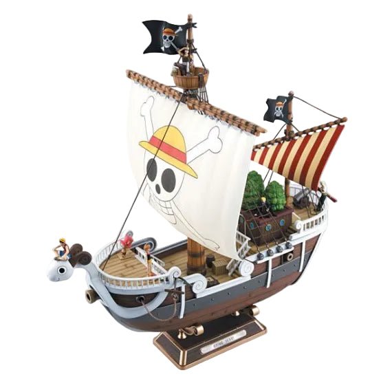 Bandai One Piece Going Merry ship model kit featuring a detailed ram figurehead, white sails with Jolly Roger, and deck crew.