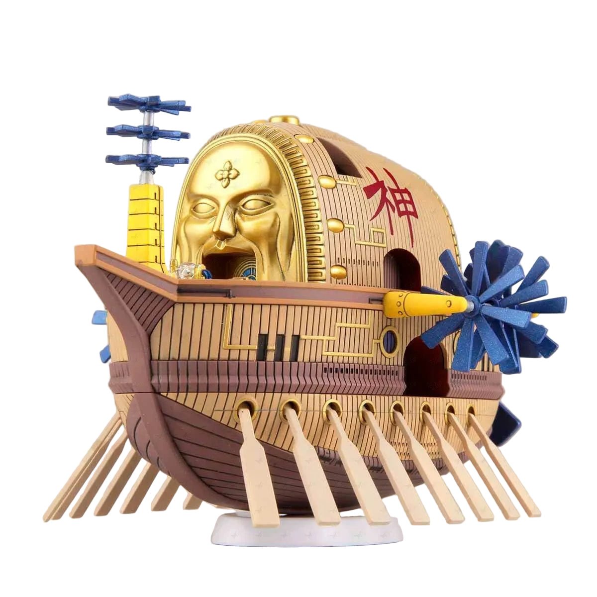 Bandai One Piece Ark Maxim model kit featuring a gold face, wooden hull, and blue propellers in a side-angle view.