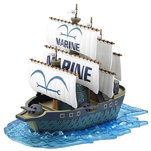 Bandai ONE PIECE Marine Ship model kit featuring white sails with Marine logos on a translucent blue water display base.