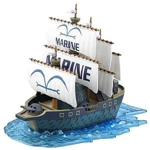 Bandai ONE PIECE Marine Ship model kit featuring white sails with Marine logos on a translucent blue water display base.