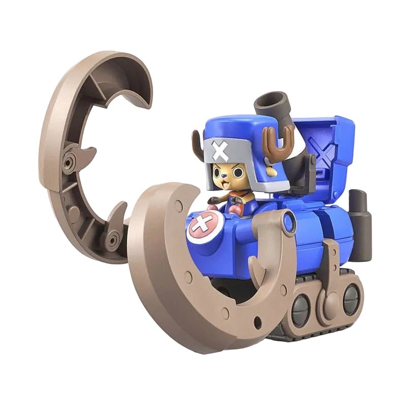 Bandai ONE PIECE Chopper Robo Super 3 Horn Dozer model kit featuring a blue tank vehicle with large brown horn attachments.
