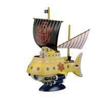 Bandai One Piece Trafalgar Law Submarine model kit featuring a yellow hull, black skull sail, and blue display stand.