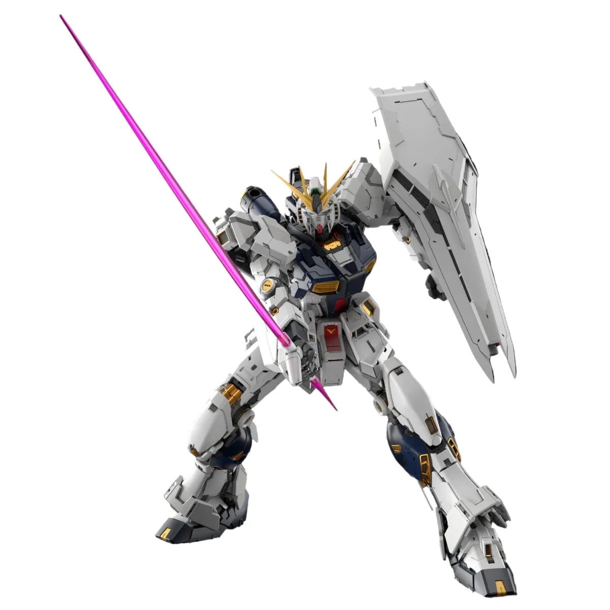 Bandai Perfect Grade 1/60 RX-93 ν Gundam model kit in a dynamic pose holding a translucent pink beam saber and shield.