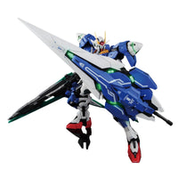 Front view of the Bandai PG 1/60 00 Gundam Seven Sword/G model kit featuring blue, white, and red armor with large blades.