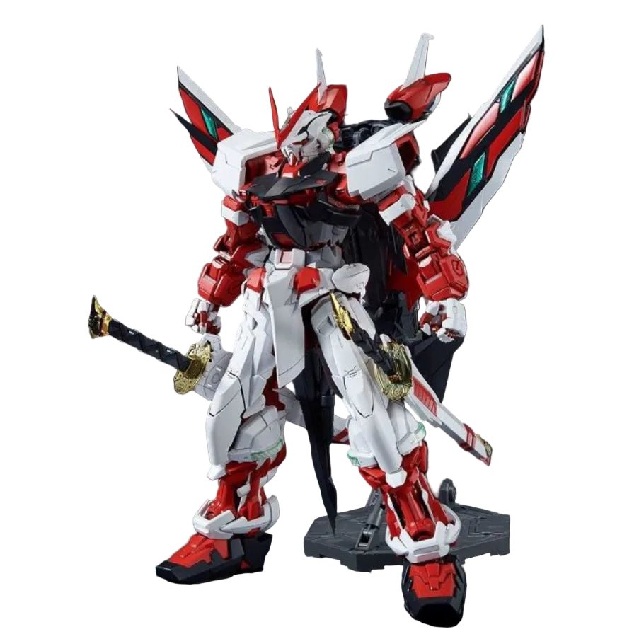 Bandai PG 1/60 Gundam Astray Red Frame Kai model kit in a front-facing pose with dual katana swords and tactical backpack.