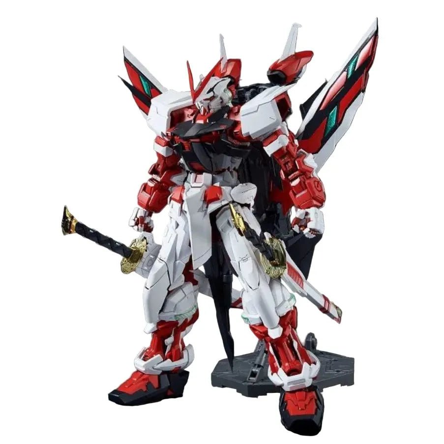 Bandai PG 1/60 Gundam Astray Red Frame Kai model kit in a front-facing pose with dual katana swords and tactical backpack.