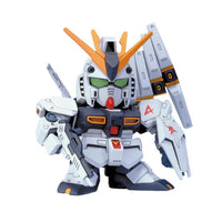 Front view of the Bandai SD BB209 RX-93 νGundam model kit featuring a white, blue, and orange chibi robot design.
