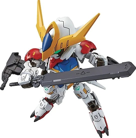 Bandai SD Gundam Ex-Standard 014 Gundam Barbatos model kit in a dynamic pose holding a large gray sword against a white background.