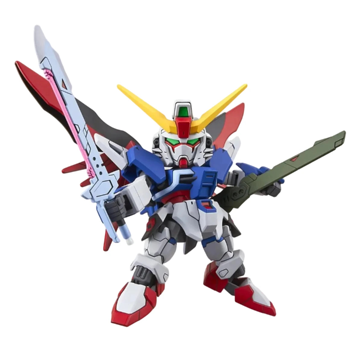 Bandai SD Gundam Ex-Standard Destiny Gundam model kit in a front view, featuring red, blue, and white armor with wings.