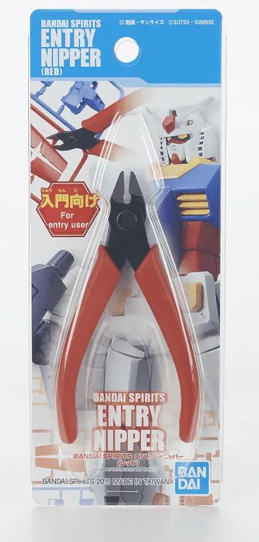 Bandai Spirits Entry Nipper in red packaging, featuring precision cutting pliers for model kits on a blister card.