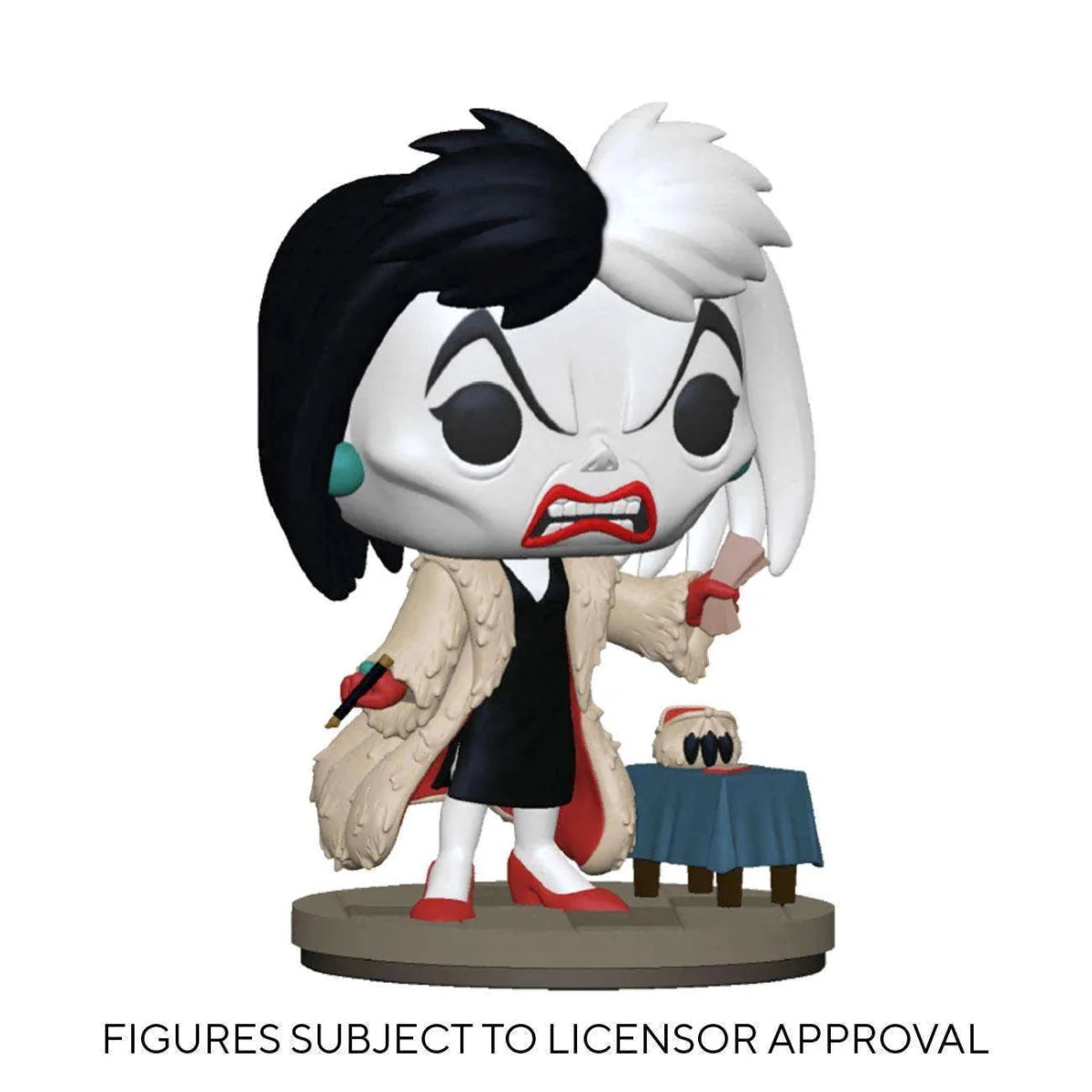 Cruella de Vil Funko Pop vinyl figure with signature black and white hair, fur coat, and red heels on a display base.