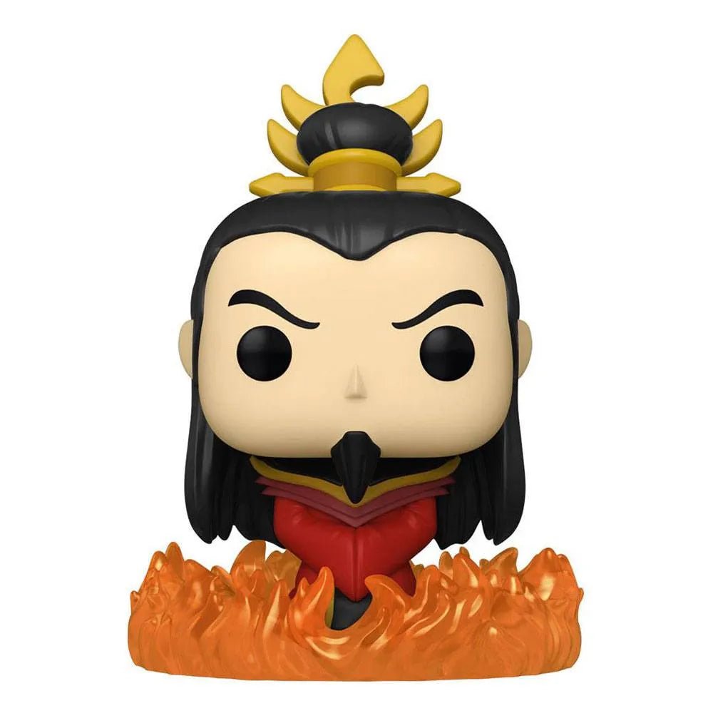 Front view of Fire Lord Ozai Funko Pop vinyl figure with black hair, gold crown, and red robes surrounded by orange flames.