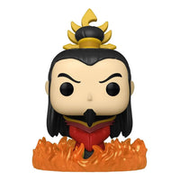 Front view of Fire Lord Ozai Funko Pop vinyl figure with black hair, gold crown, and red robes surrounded by orange flames.