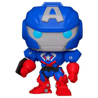 Funko Avengers Mech Strike Captain America Pop! figure in blue and red armor with a white A on the helmet, front view.