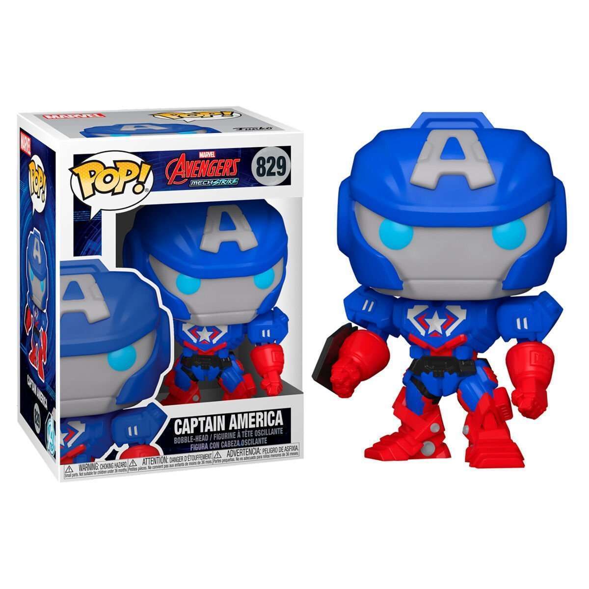 Funko Pop! Captain America Mech Strike #829 vinyl figure in blue and red armor with its branded display box.