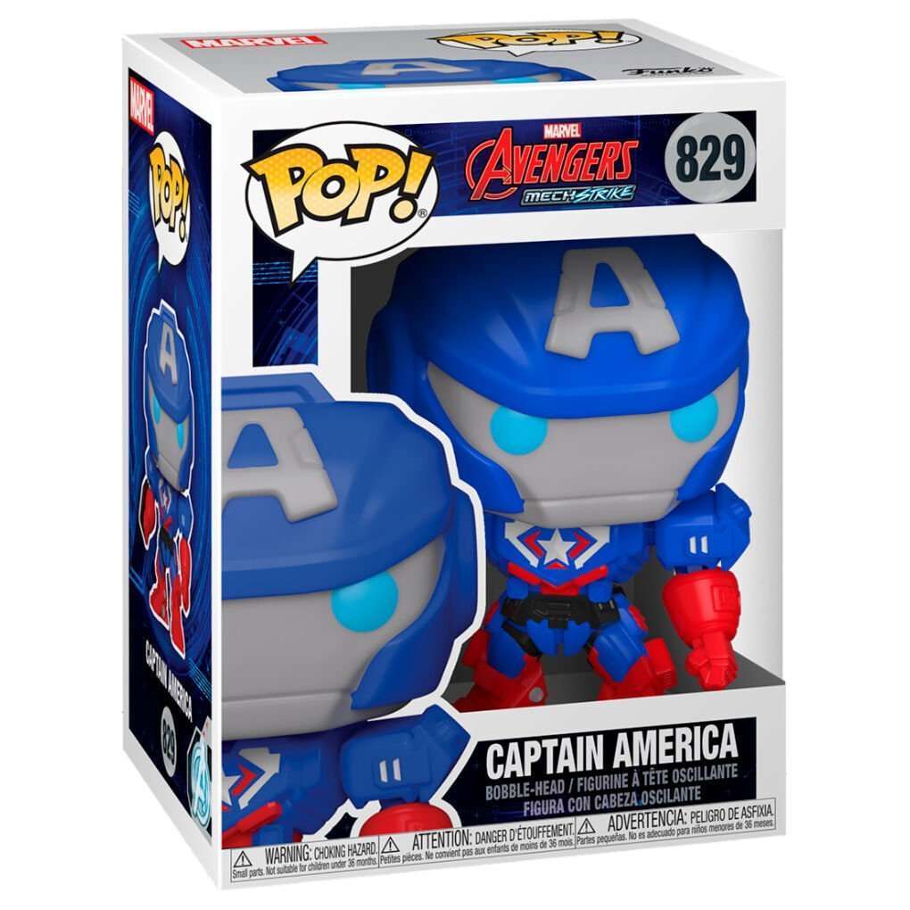 Funko Avengers Mech Strike Captain America Mech Pop! #829 in its original blue and white display box.