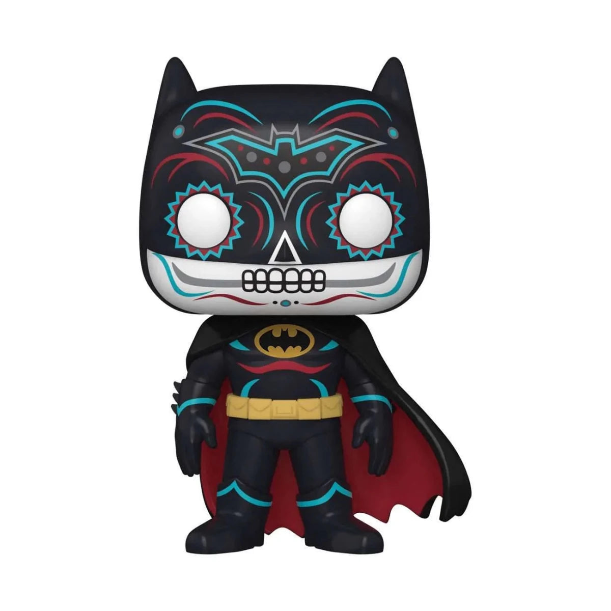 Front view of Funko Batman Dia de los Muertos vinyl figure with black, red, and blue sugar skull face paint.