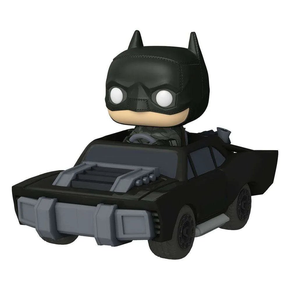 Funko Batman POP! Rides vinyl figure featuring Batman driving his matte black Batmobile in a front-side view.