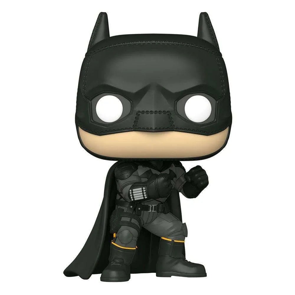 Front view of a 25 cm Funko Batman Super Sized Jumbo POP! vinyl figure in a black tactical suit with yellow accents.