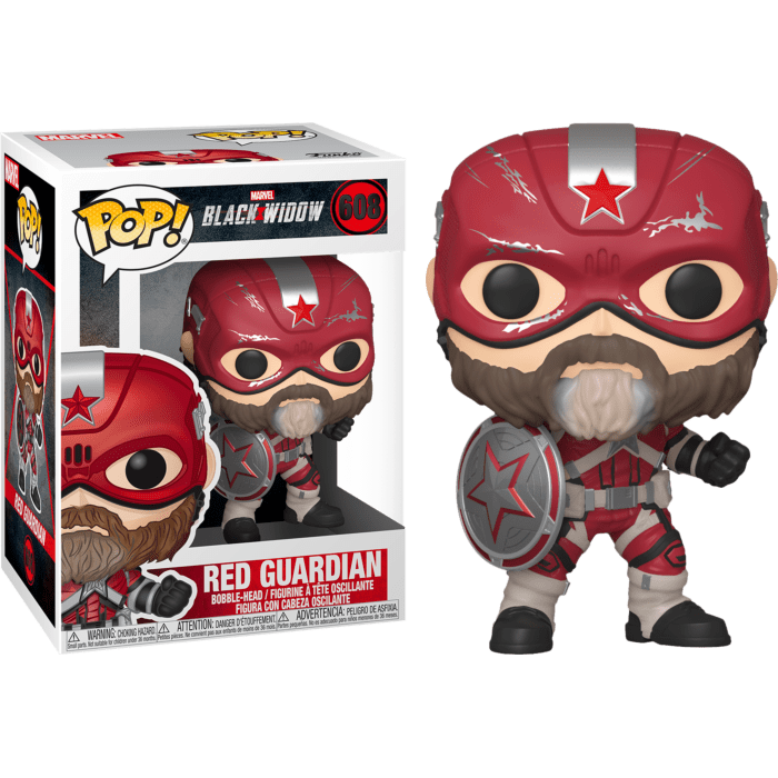 Red Guardian Funko Pop vinyl figure with a red helmet, beard, and shield, shown next to its branded display box.