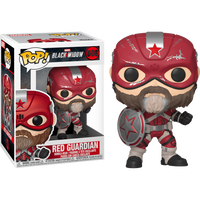 Red Guardian Funko Pop vinyl figure with a red helmet, beard, and shield, shown next to its branded display box.