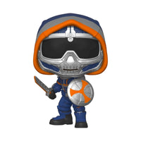 Taskmaster Funko Pop vinyl figure from Black Widow wearing a blue, orange, and silver suit with shield and sword.