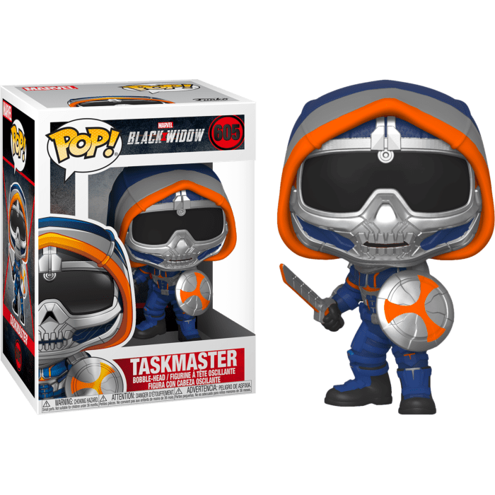 Taskmaster Funko Pop vinyl figure with shield and sword, displayed next to its branded Black Widow window box packaging.