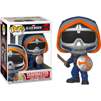 Taskmaster Funko Pop vinyl figure with shield and sword, displayed next to its branded Black Widow window box packaging.