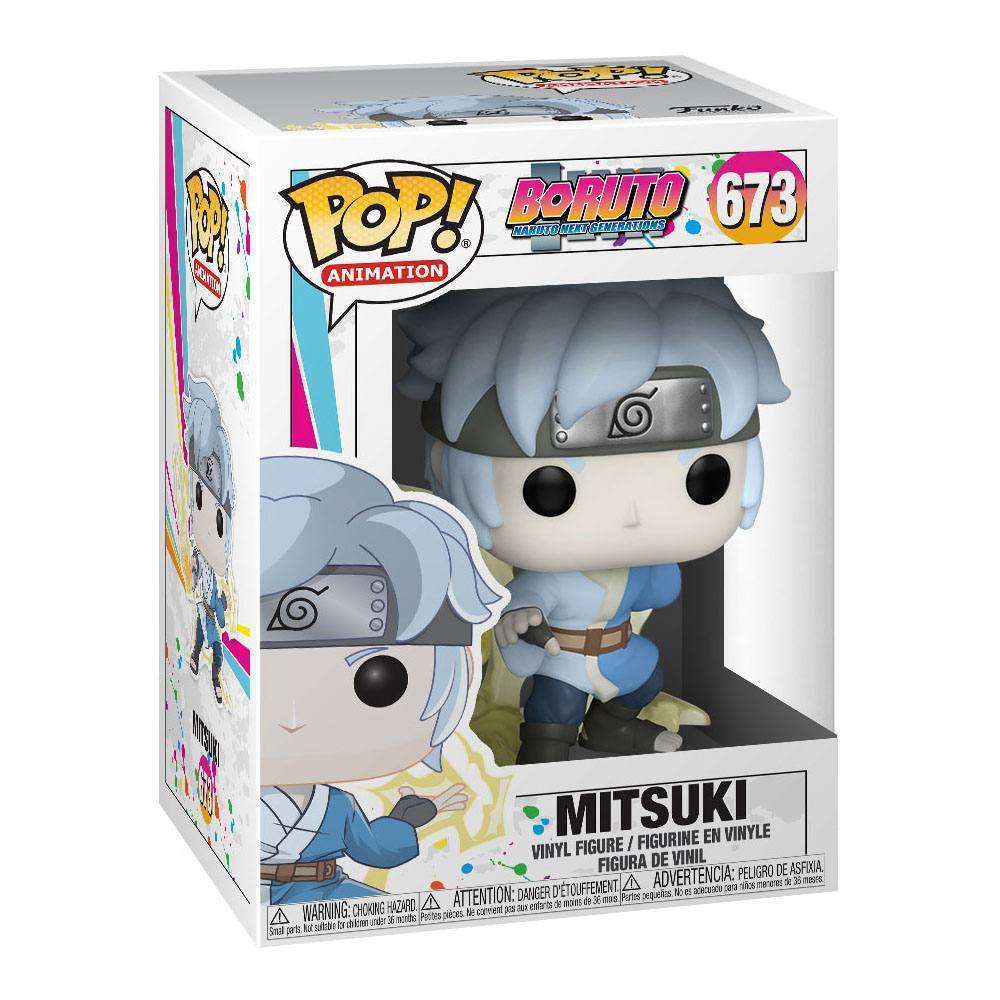 Mitsuki Funko Pop! vinyl figure in its original packaging, featuring the character with blue hair and a Konoha headband.