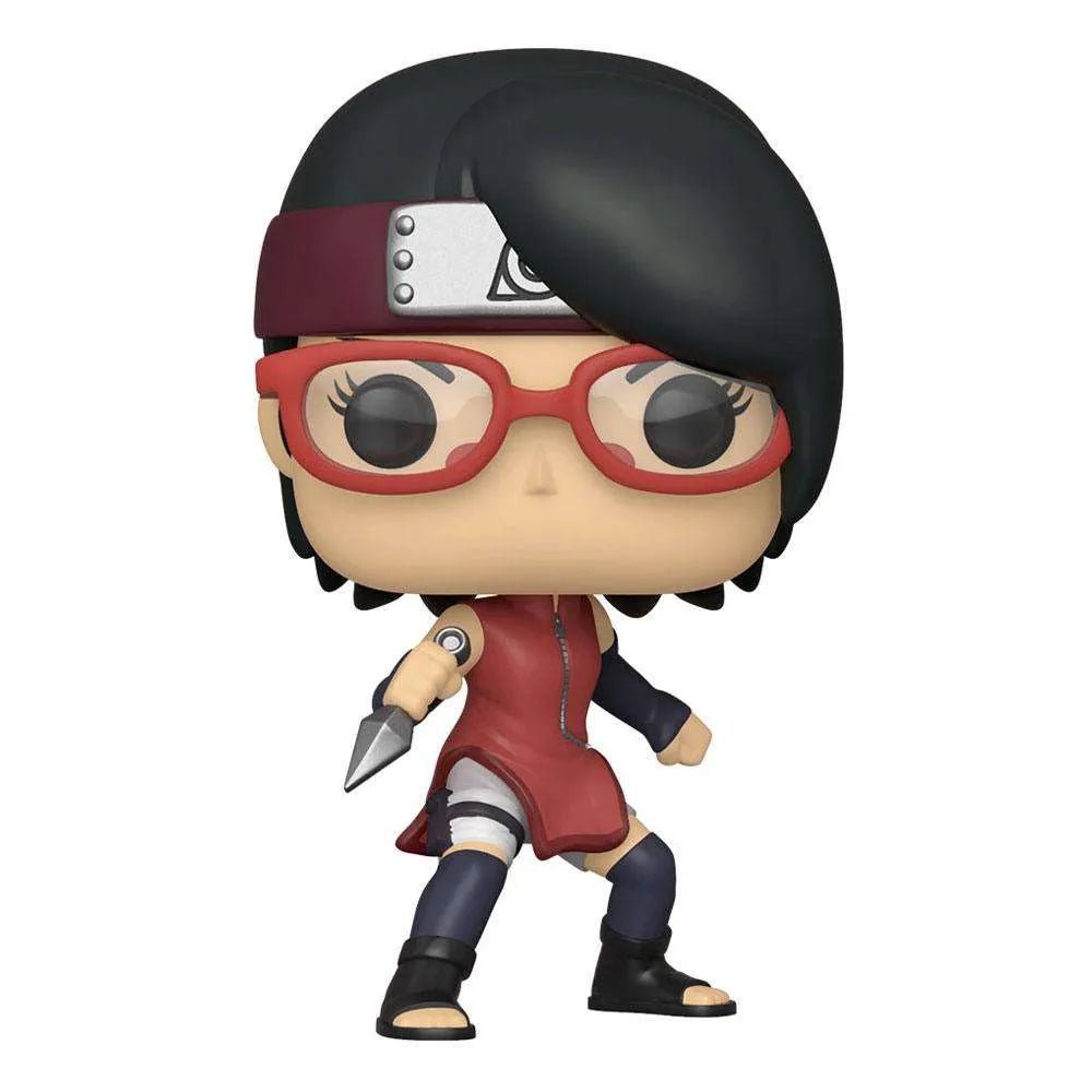 Front view of Funko Boruto Sarada Uchiha POP figure with red glasses, maroon vest, and a kunai knife in her hand.