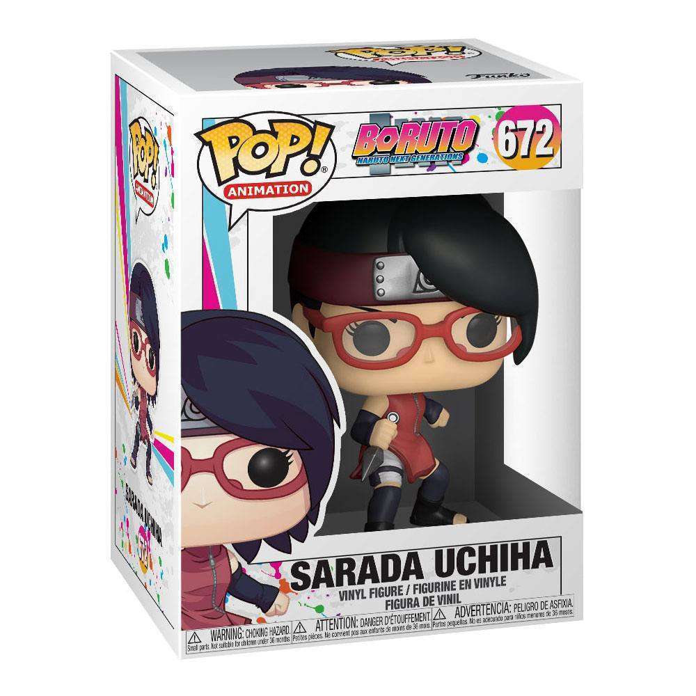 Funko Boruto Sarada Uchiha POP vinyl figure in its original window display box, showing the character's front view.