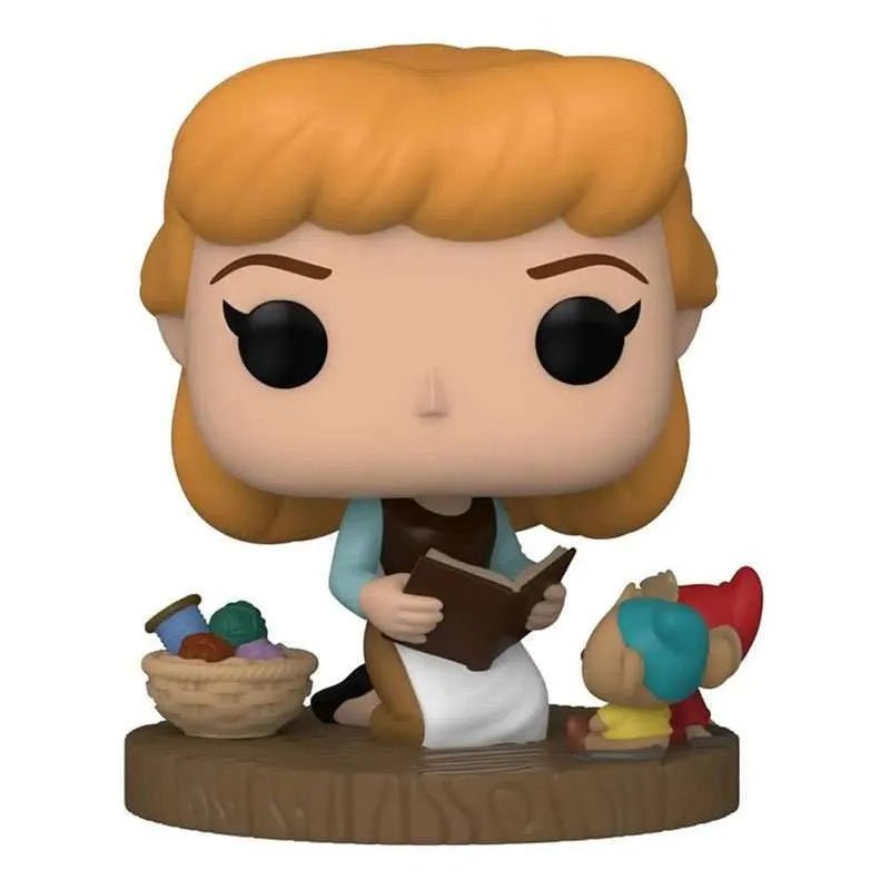 Funko Cinderella Ultimate Disney Princess vinyl figure reading a book with mice on a wooden base.