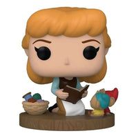 Funko Cinderella Ultimate Disney Princess vinyl figure reading a book with mice on a wooden base.