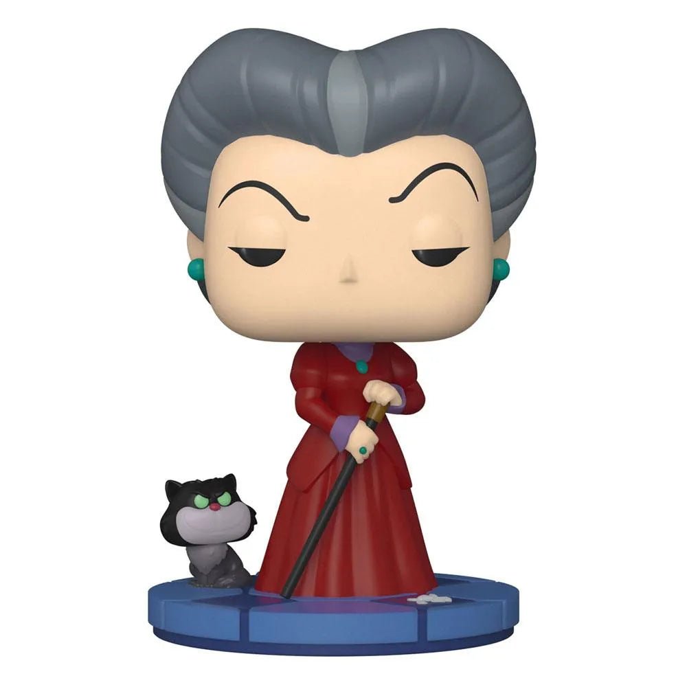 Funko Lady Tremaine Pop! figure in a red dress with a cane, standing on a blue base next to Lucifer the cat.