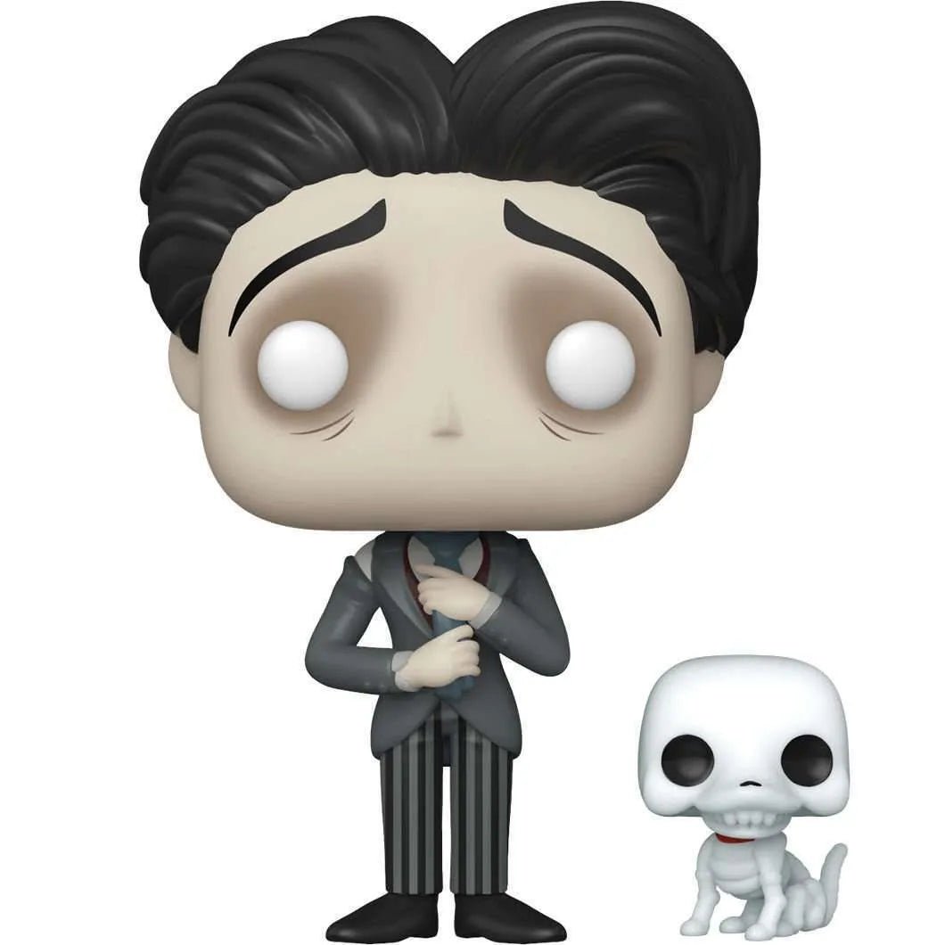 Victor Van Dort Funko Pop vinyl figure in a grey suit with Scraps the skeleton dog, front view on a white background.