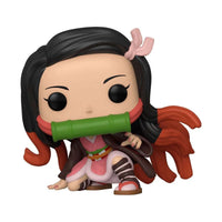 Nezuko Kamado Funko Pop vinyl figure in a crouching pose with her signature green bamboo muzzle and pink kimono.
