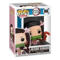 Nezuko Kamado Funko Pop vinyl figure in its original Demon Slayer branded display box, front and side view.