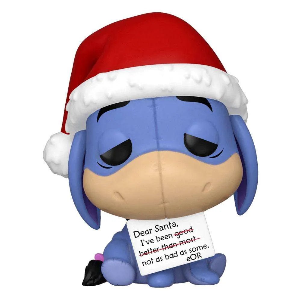 Funko Holiday Eeyore Pop! vinyl figure wearing a Santa hat and holding a note to Santa in a front-facing view.