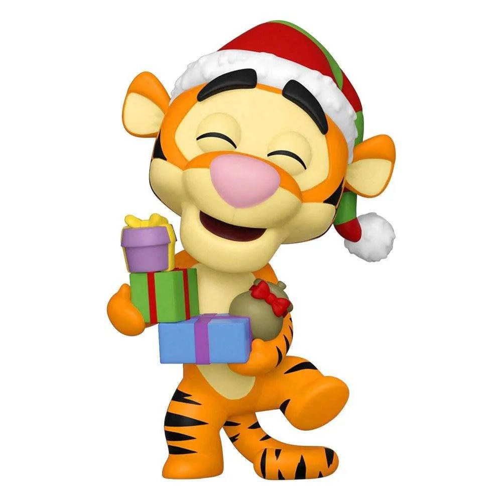 Funko Holiday Tigger Pop! vinyl figure wearing a Santa hat and holding a stack of colorful Christmas presents.