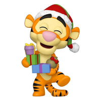 Funko Holiday Tigger Pop! vinyl figure wearing a Santa hat and holding a stack of colorful Christmas presents.