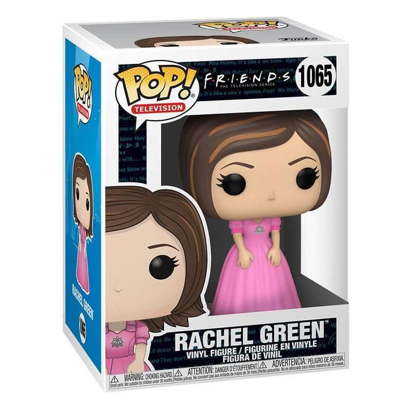 Rachel Green Funko Pop vinyl figure in a pink dress inside its branded Friends television series display box.