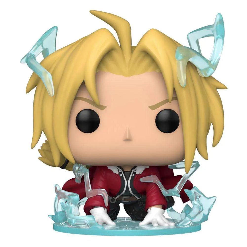 Edward Elric Funko Pop! figure with blonde hair, red coat, and blue translucent alchemy effects on a circular base.