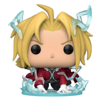 Edward Elric Funko Pop! figure with blonde hair, red coat, and blue translucent alchemy effects on a circular base.