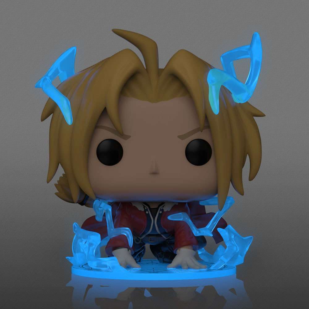 Edward Elric Pop! #1176 figure with blonde hair, red coat, and glowing blue translucent alchemy energy effects.