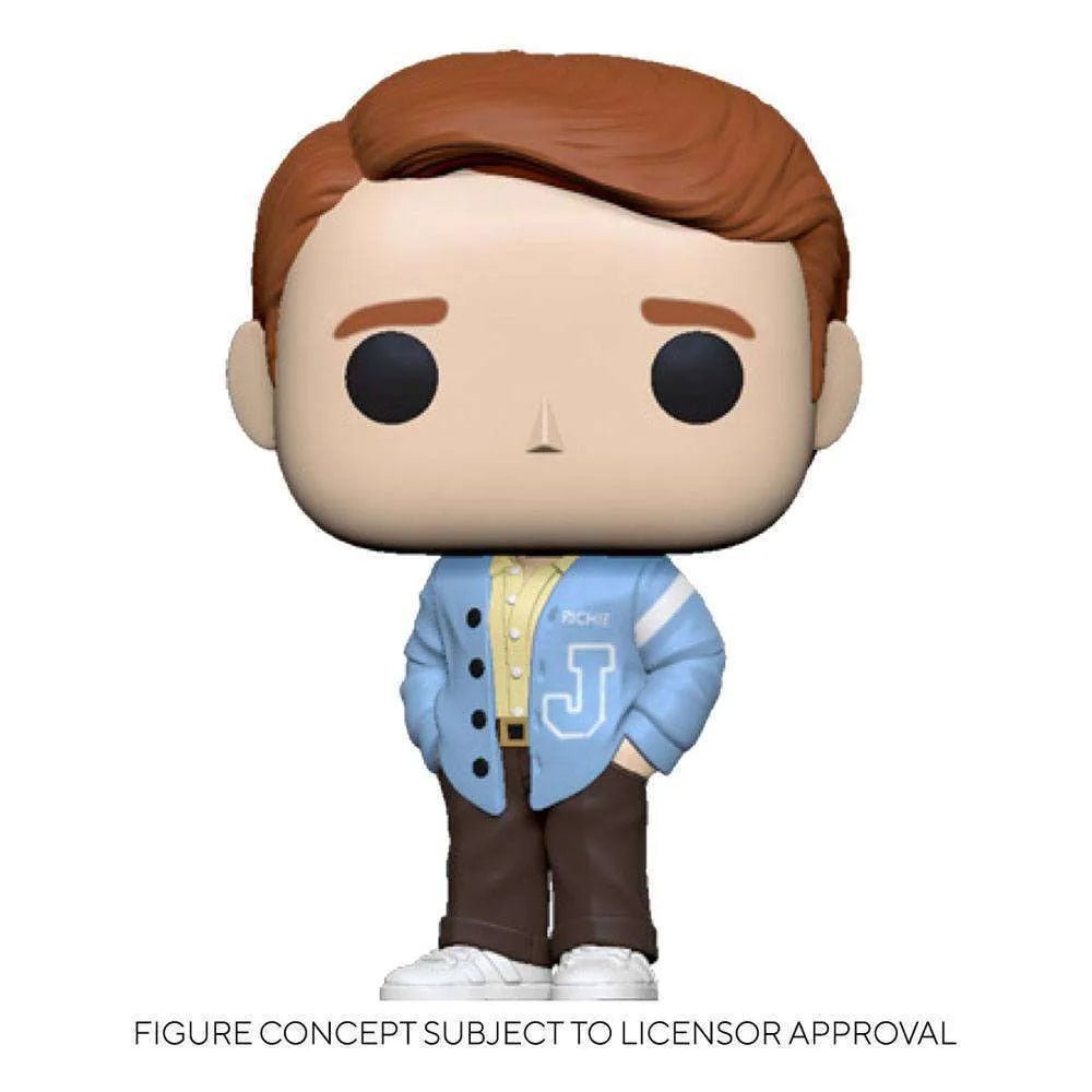 Richie Funko Pop! vinyl figure wearing a light blue letterman jacket, yellow shirt, and brown pants, front view.